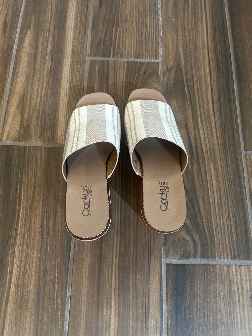 Corkys Women's Cream and Tan Striped Slide Mules